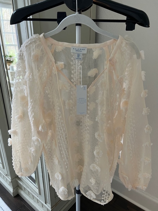 Calypso St. Barth Tops - NWT Calypso St. Barth Sheer Pom-Pom Peasant Top - Pale Pink